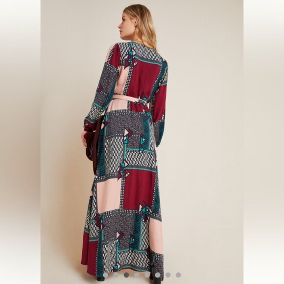 NWT Anthropologie Wrap Dress Maxi Long Sleeves patchwork PRINT size Medium MP - Picture 5 of 16